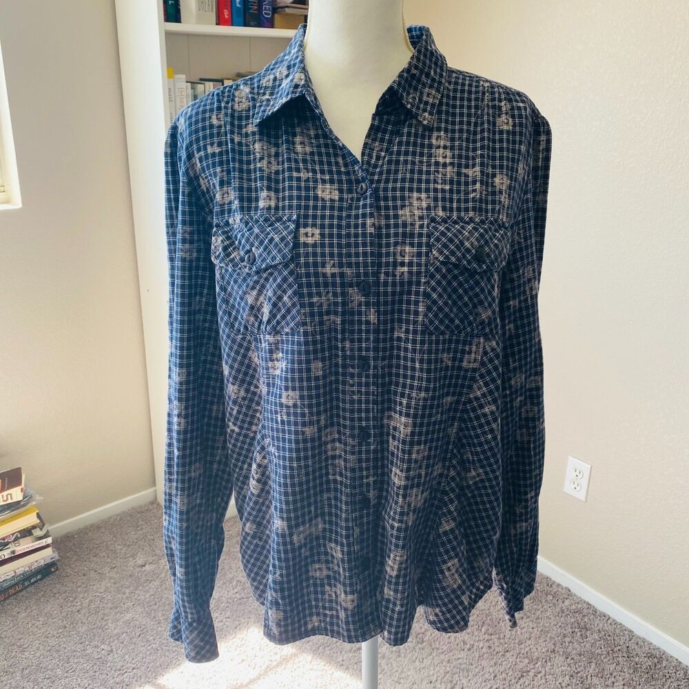 LUCKY BRAND Blue Cream Plaid Floral Button Down Top Size X-Large